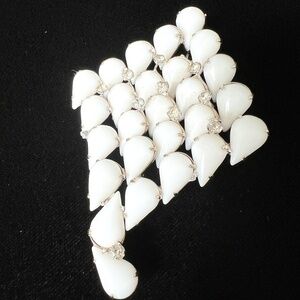 Vintage Kramer of New York Brooch – White Milk Glass & Rhinestones Mid Century